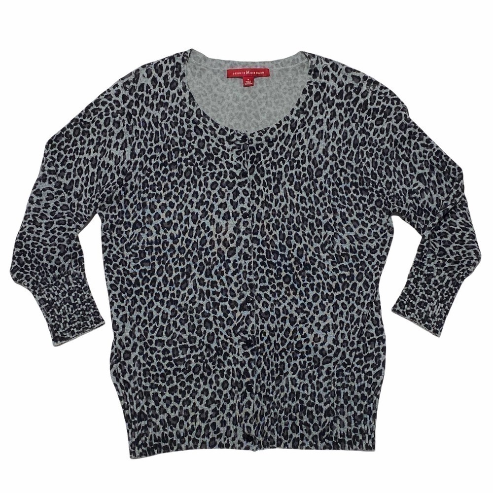 DEBBIE Morgan Gray Black Leopard Print V-Neck 3/4 Sleeve Pullover Sweater